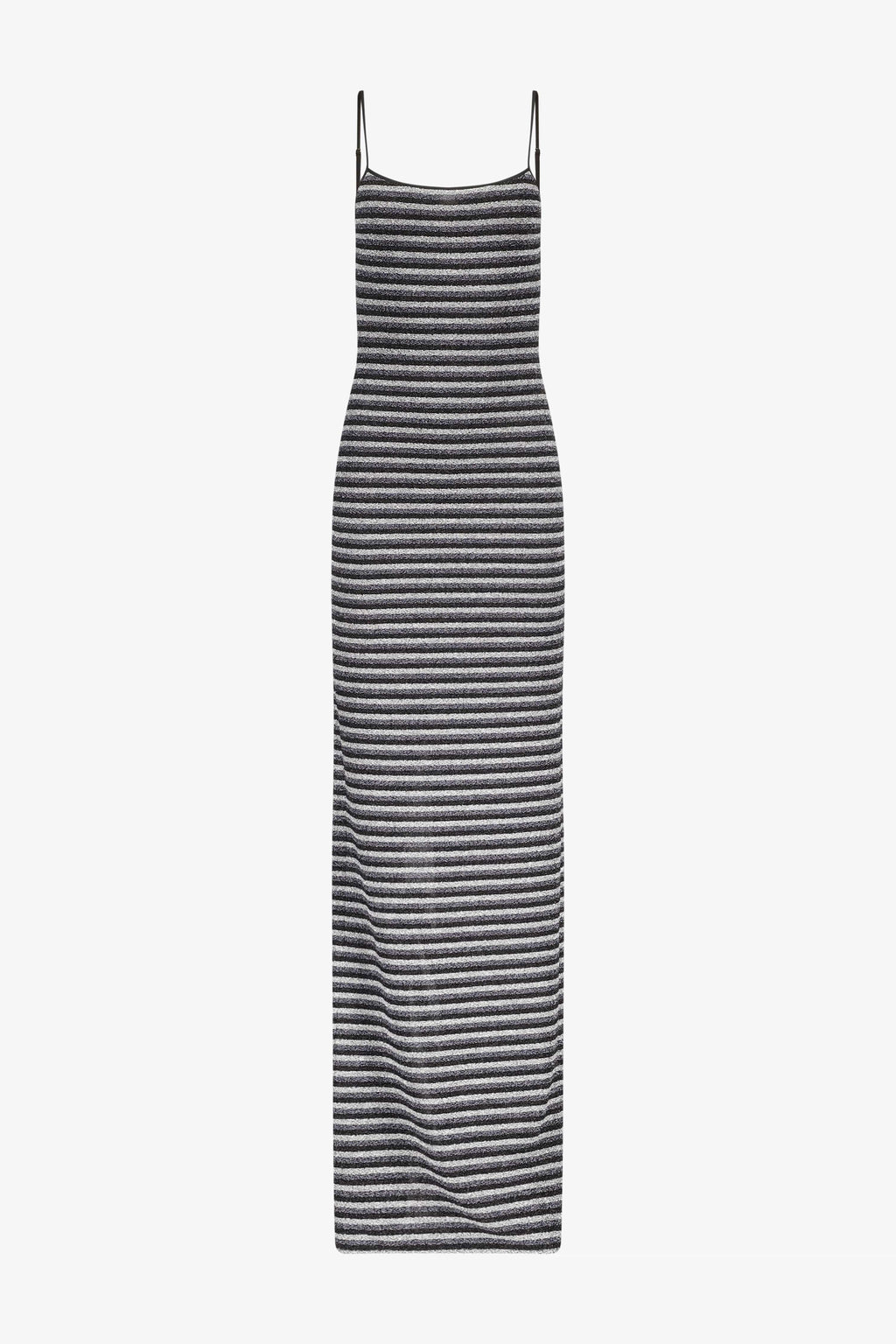 black and grey striped maxi dress Metallic Stripes Square Neck – PRISCAVera Neckline: Off-the-shoulder sweetheart neckline.