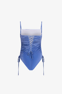 Ocean Blue Velvet Lace-Up Ruched One Piece