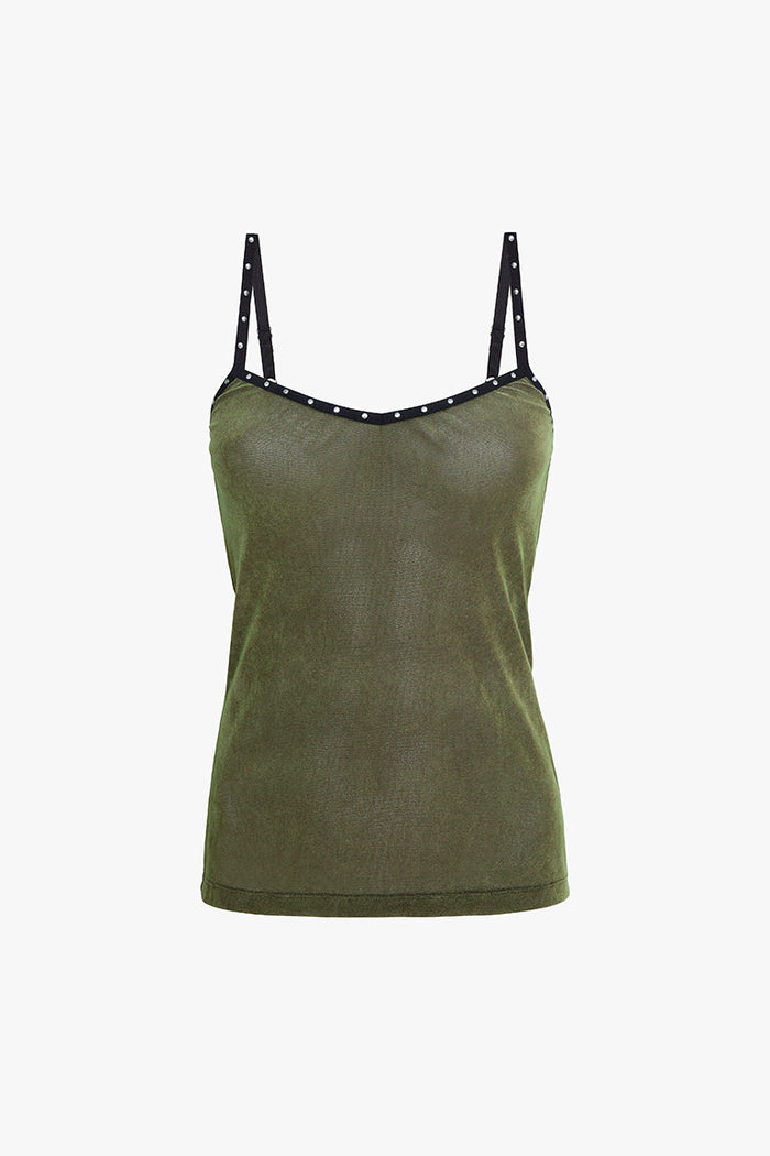 Moss Velvet Mesh Studded Cami Top