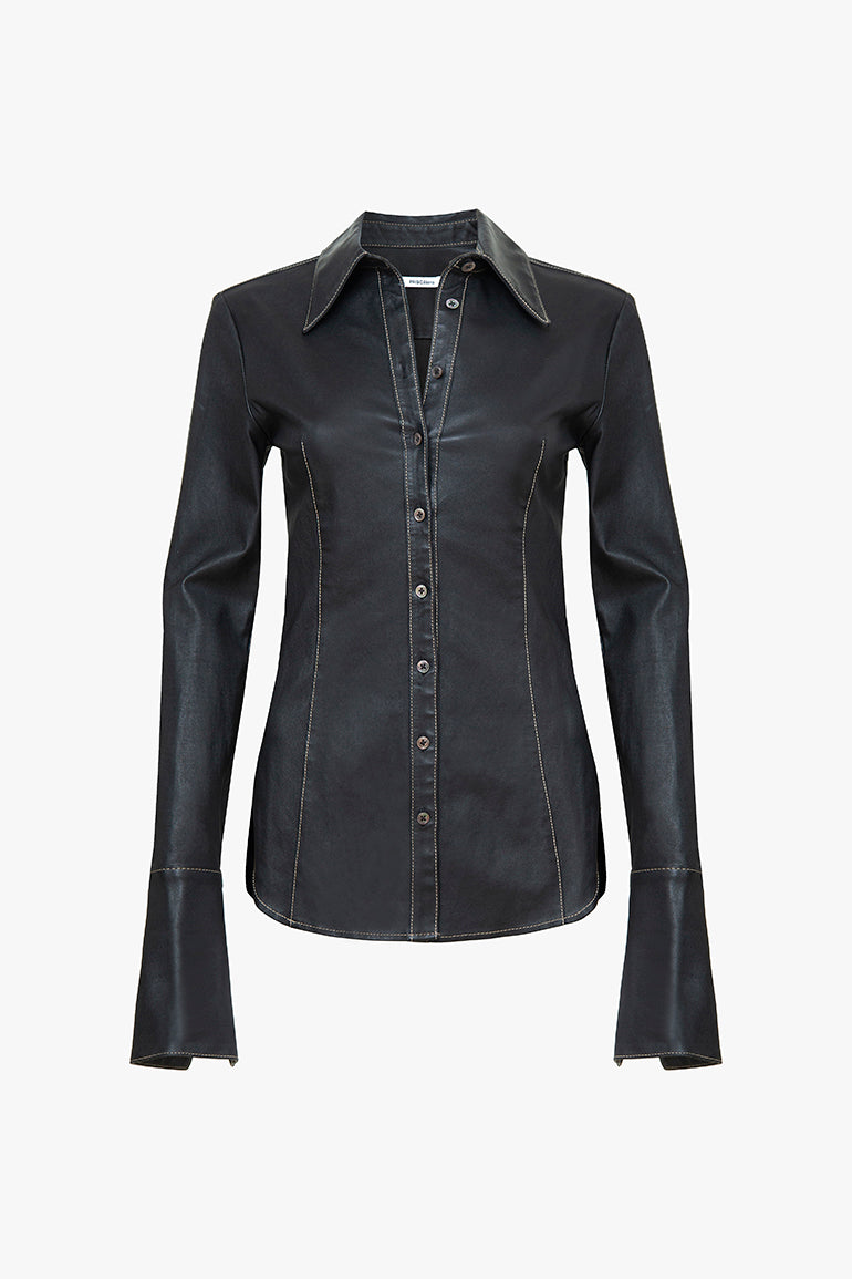 Black Stretch Leather Button Down – PRISCAVera