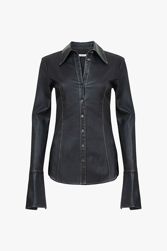 Black Stretch Leather Button Down