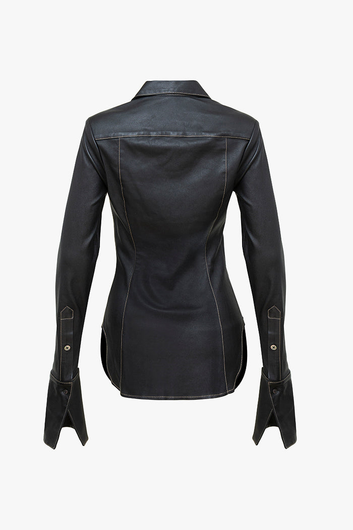 Black Stretch Leather Button Down