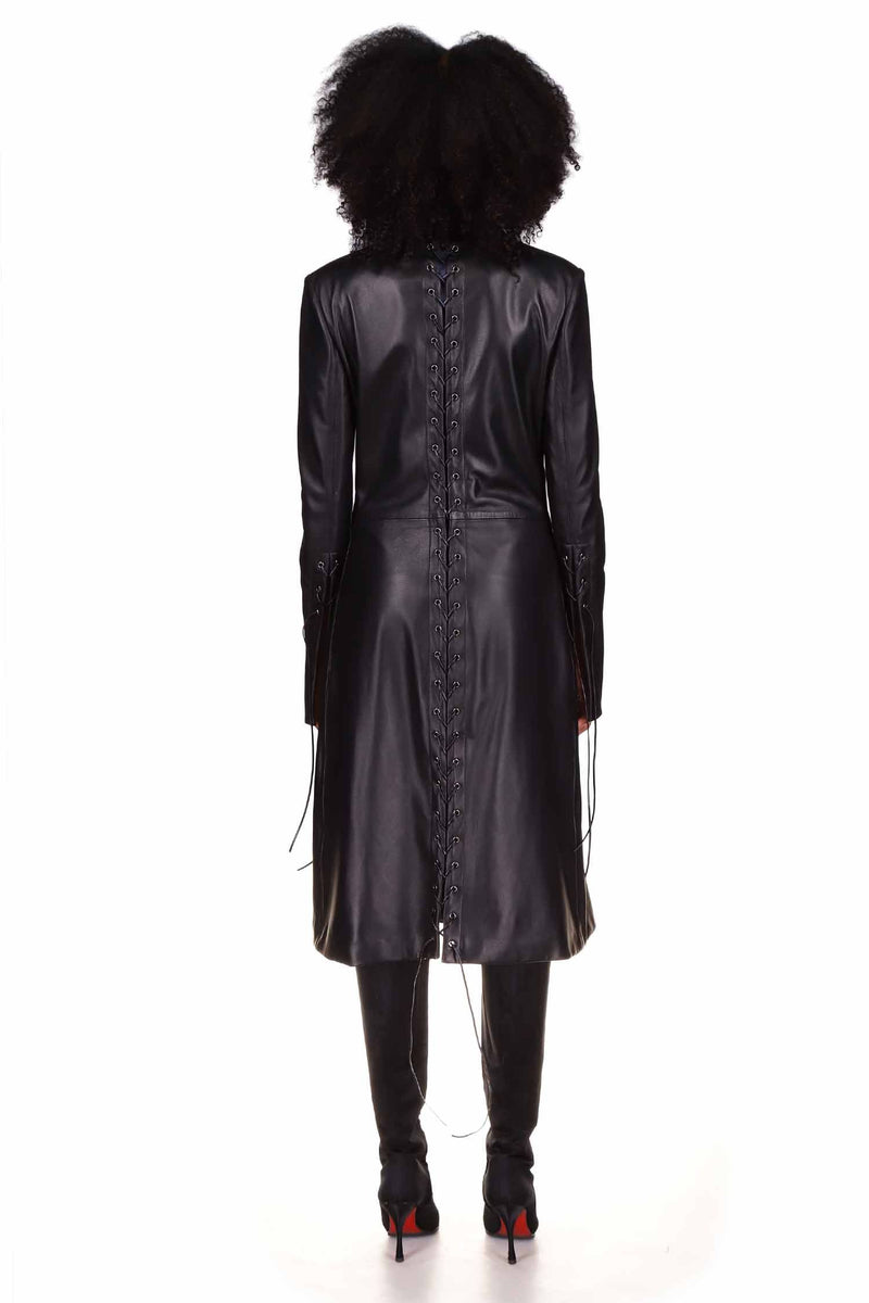 Black Leather Lace Up Long Coat