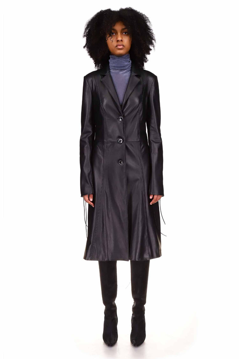 Black Leather Lace Up Long Coat