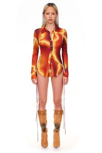 Thunderstorm Printed Mesh Long Sleeve Button Down Top