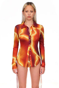 Thunderstorm Printed Mesh Long Sleeve Button Down Top