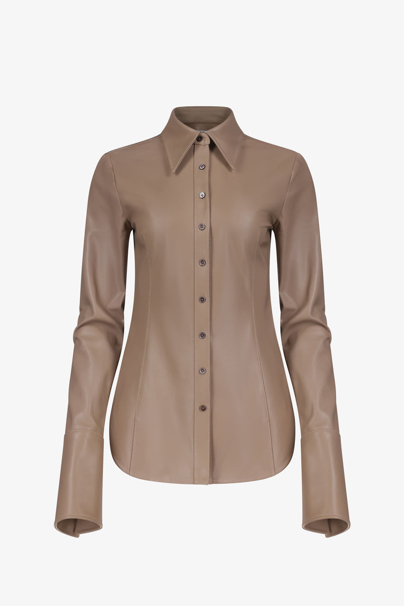 Taupe Fitted Leather Button Down