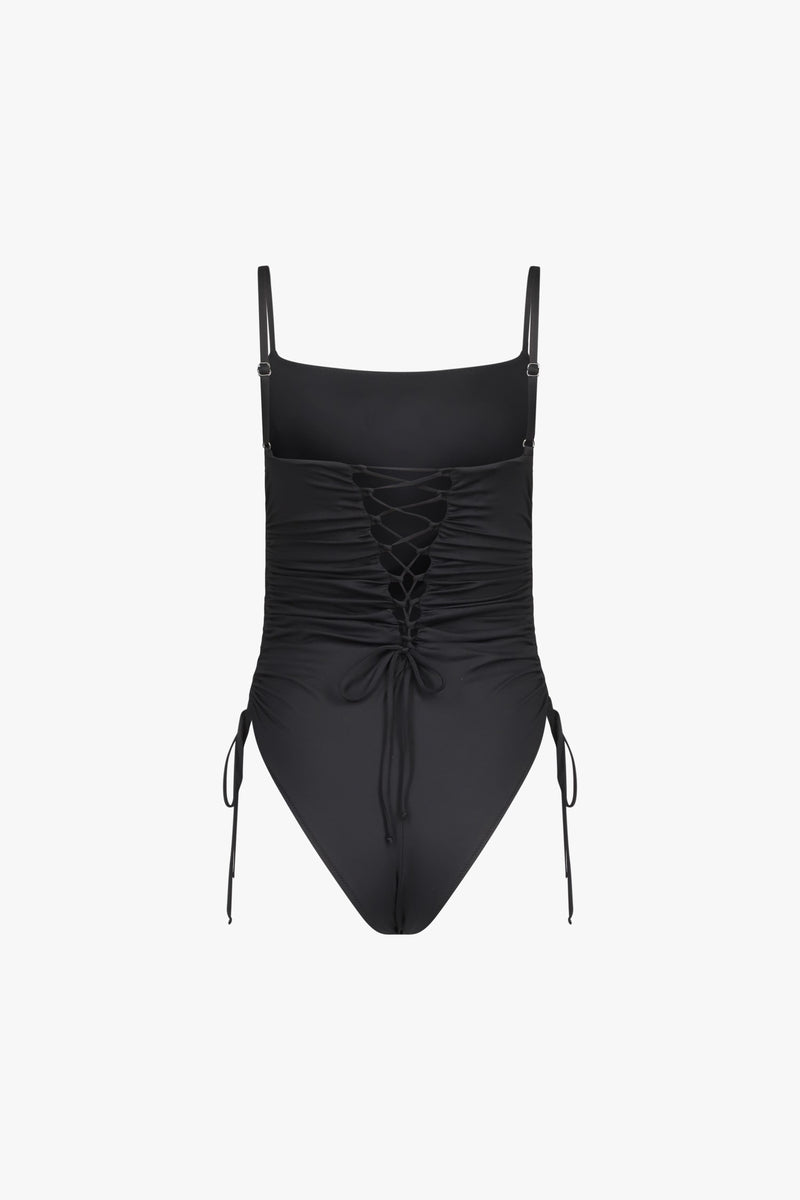 Black Lace-Up Ruched One Piece