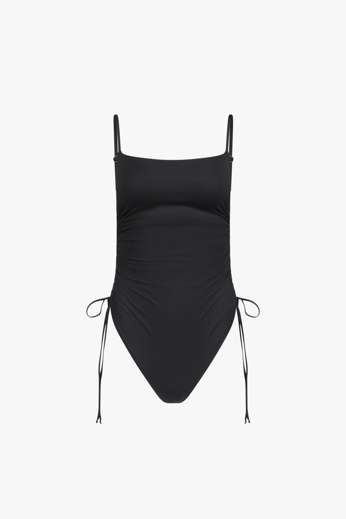 Black Lace-Up Ruched One Piece