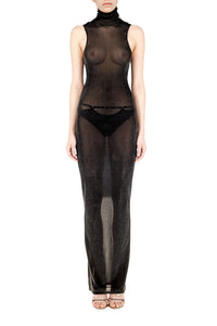 Obsidian Velvet Mesh Turtleneck Maxi Dress