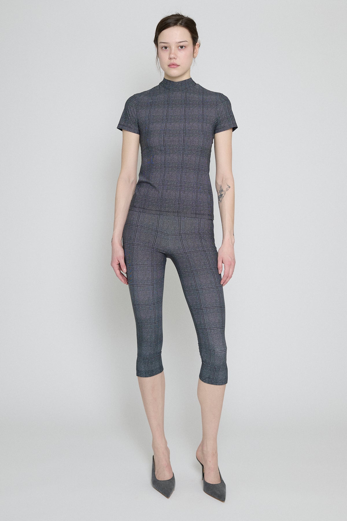 Glen Check Mock Neck Short Sleeve Top