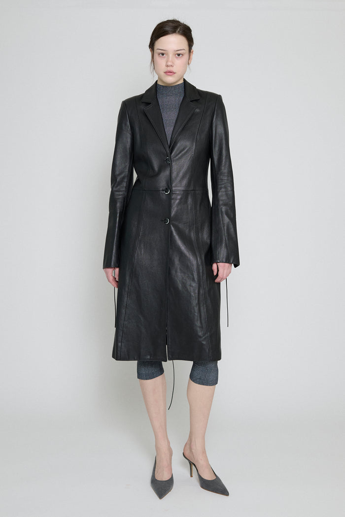 Black Leather Lace-Up Coat