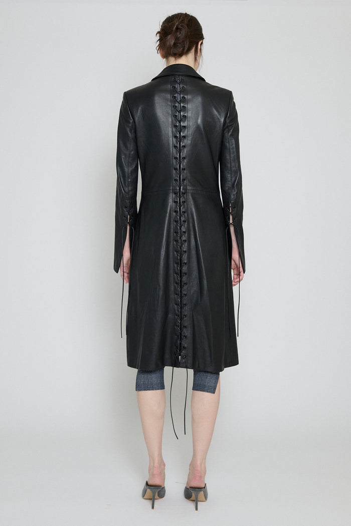 Black Leather Lace-Up Coat