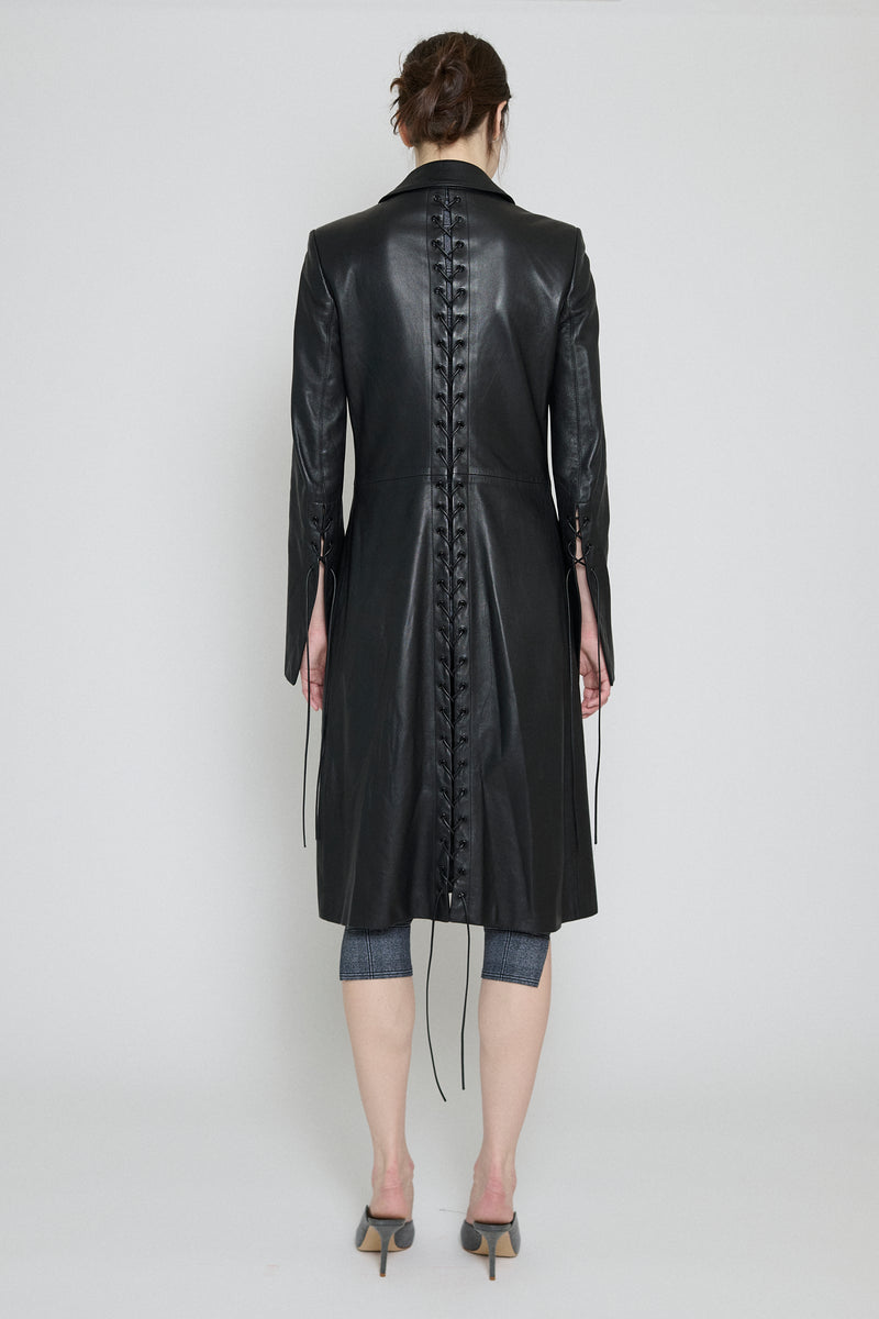 Black Leather Lace-Up Coat