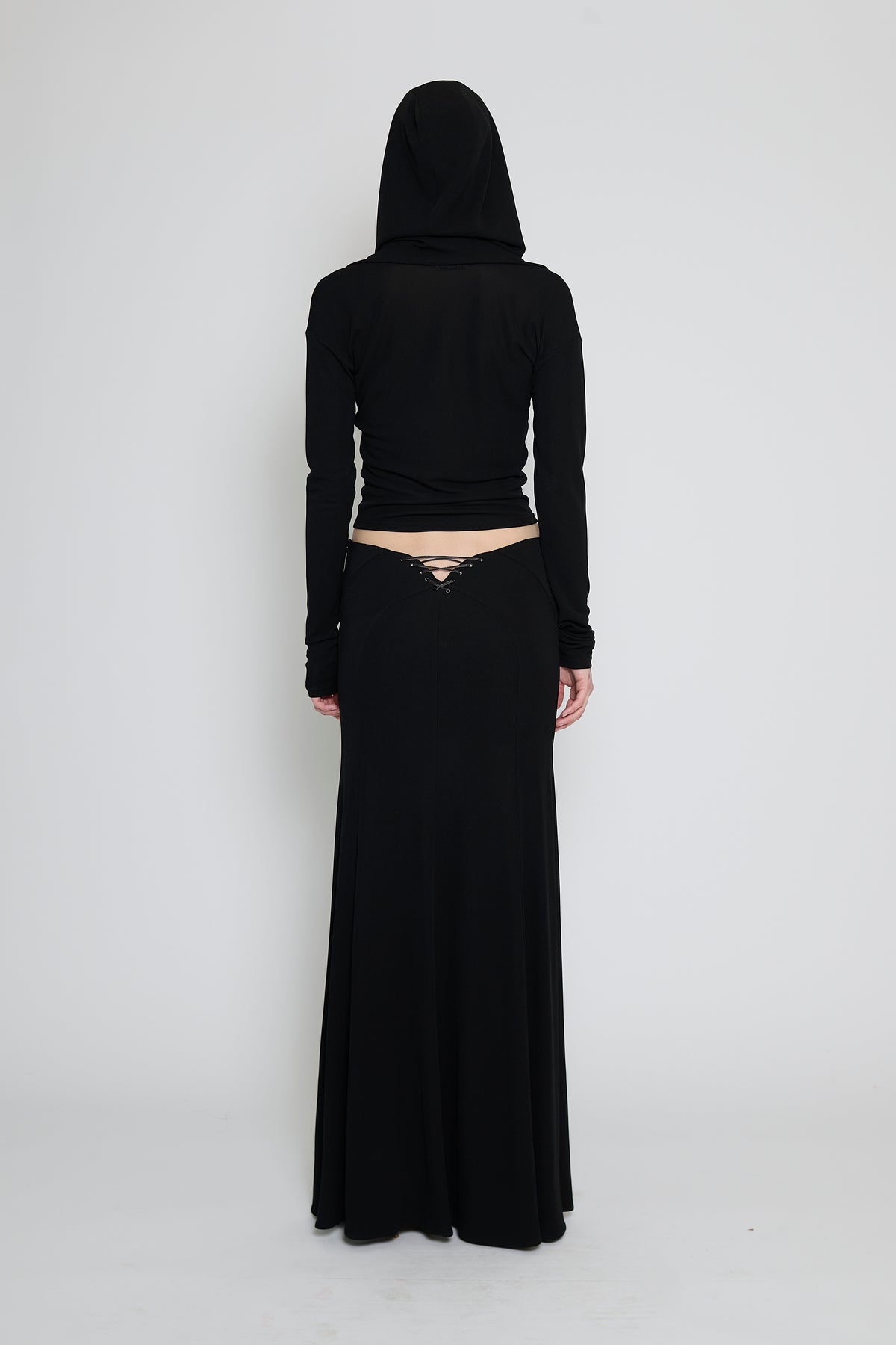 Black Lace-Up Paneled Maxi Skirt