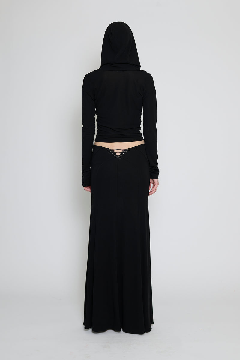 Black Lace-Up Paneled Maxi Skirt
