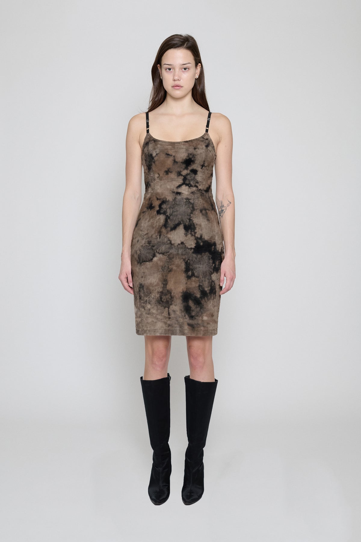 Brown Bleach Dye Paneled Midi Dress