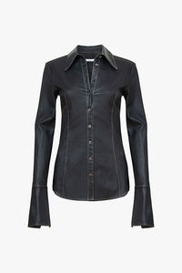 Black Leather Button Down Black Shirt