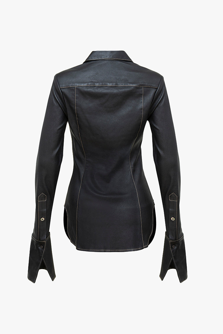 Black Leather Button Down Black Shirt