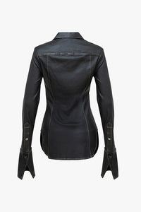 Black Leather Button Down Black Shirt