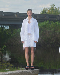 White Pinstripe Laced Button Down - Pre Order