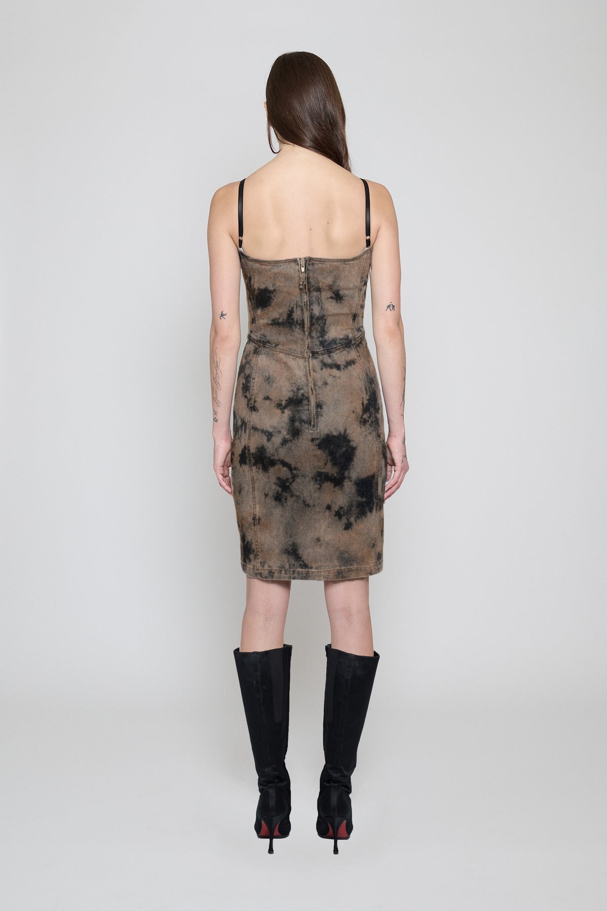 Brown Bleach Dye Paneled Midi Dress