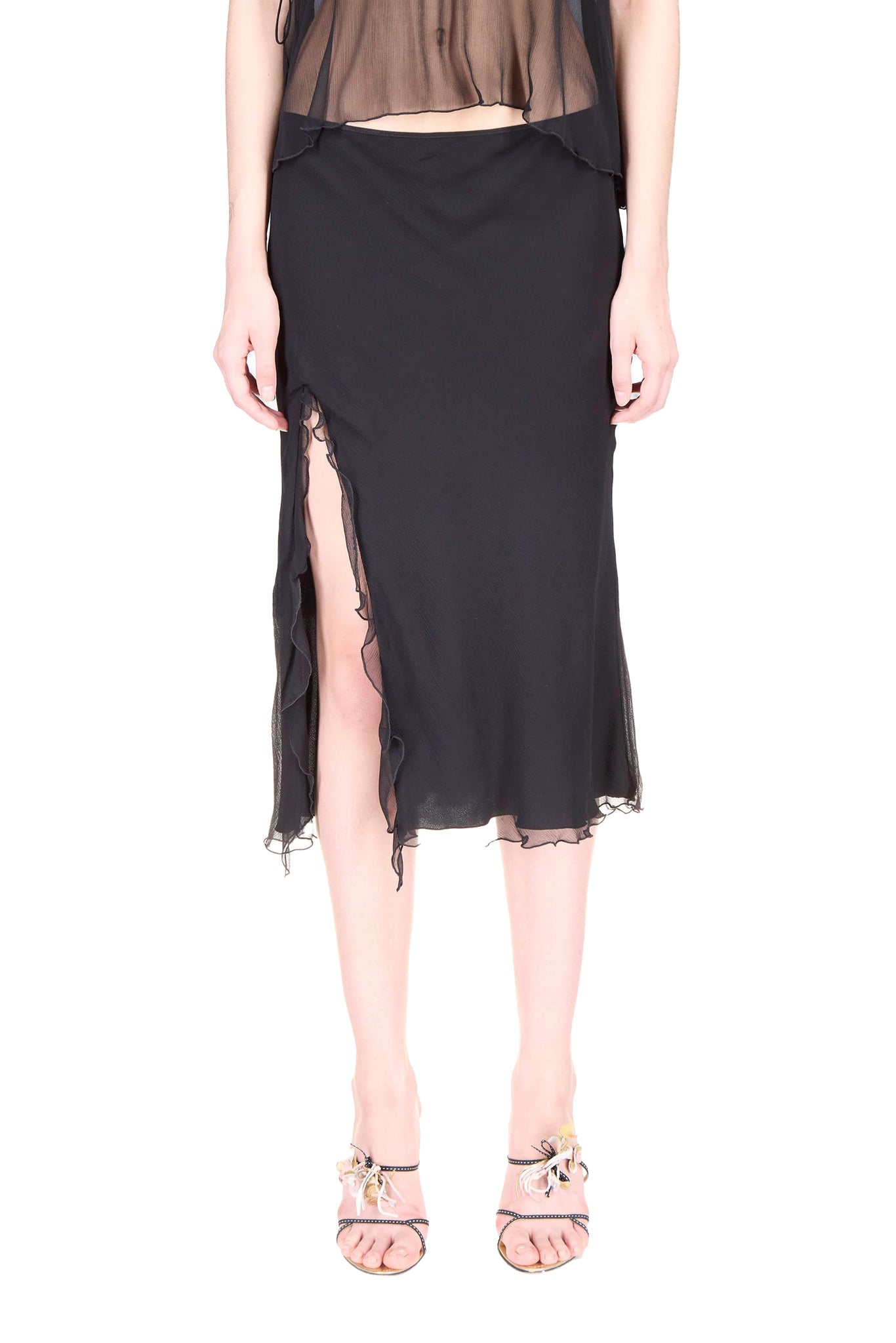 Black Chiffon Ruffled High Slit Skirt