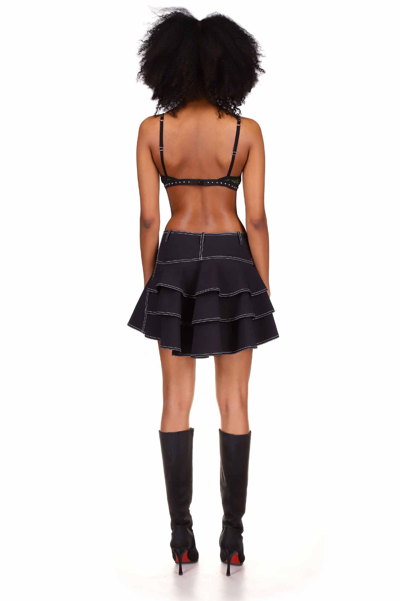 Black Contrast Stitch Ruffle Mini Skirt