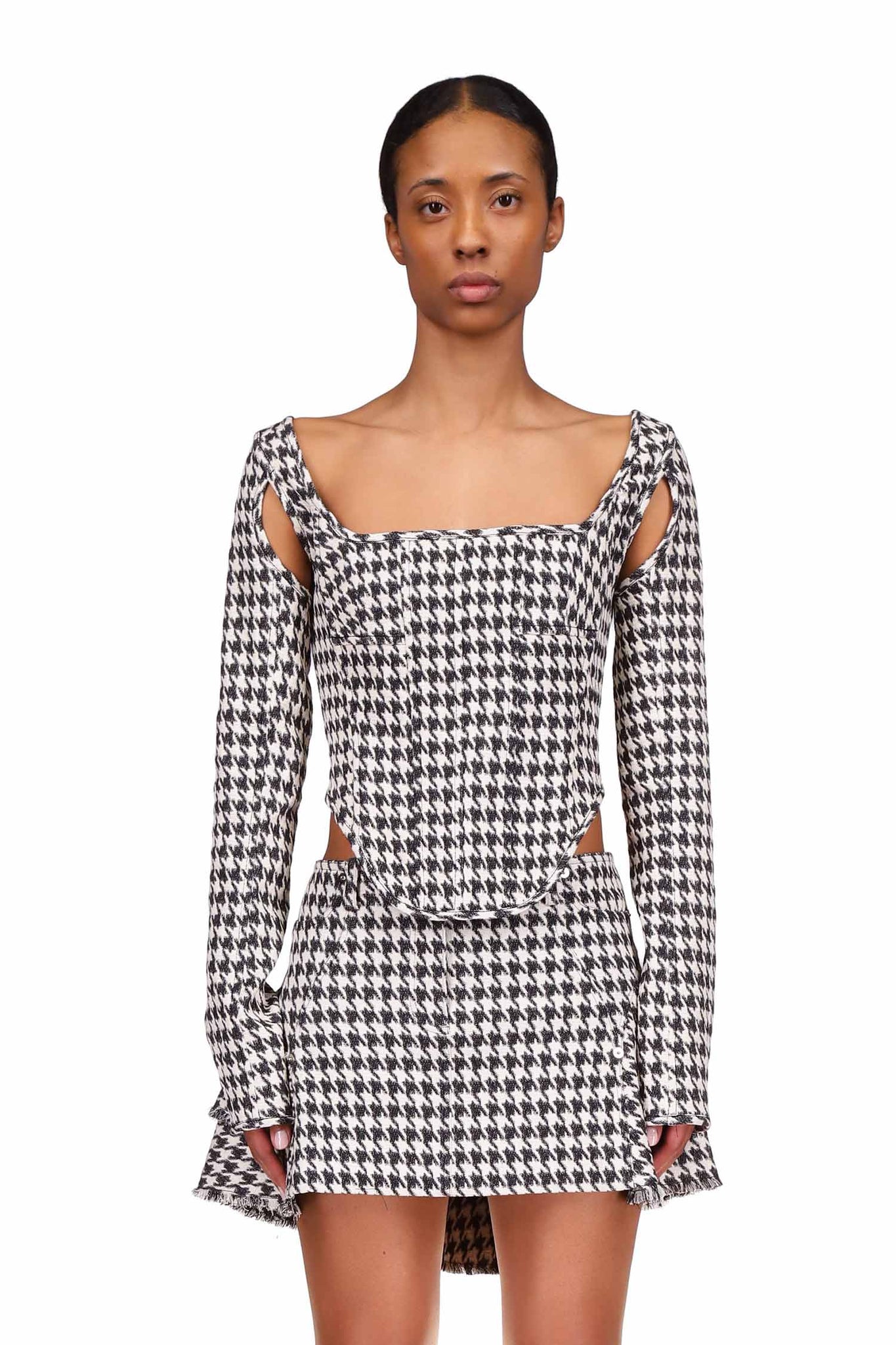 Houndstooth Stretch Wool Long Sleeve Corset