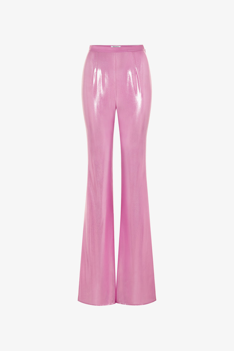 pink flare dress pants Metallic Pink Fitted Flared Pants