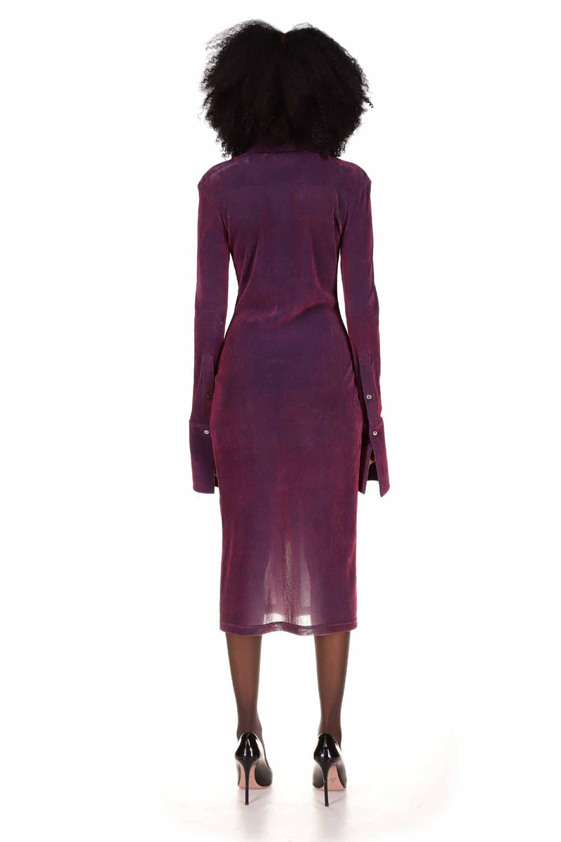 Purple Plum Velvet Mesh Button Down Midi Dress
