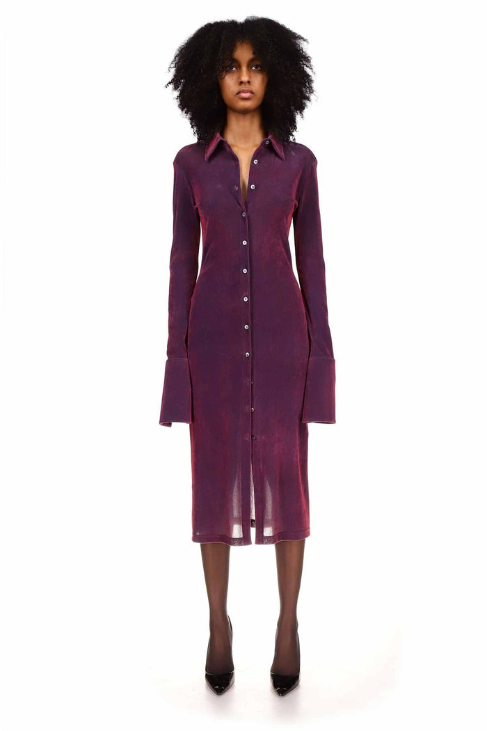 Purple Plum Velvet Mesh Button Down Midi Dress