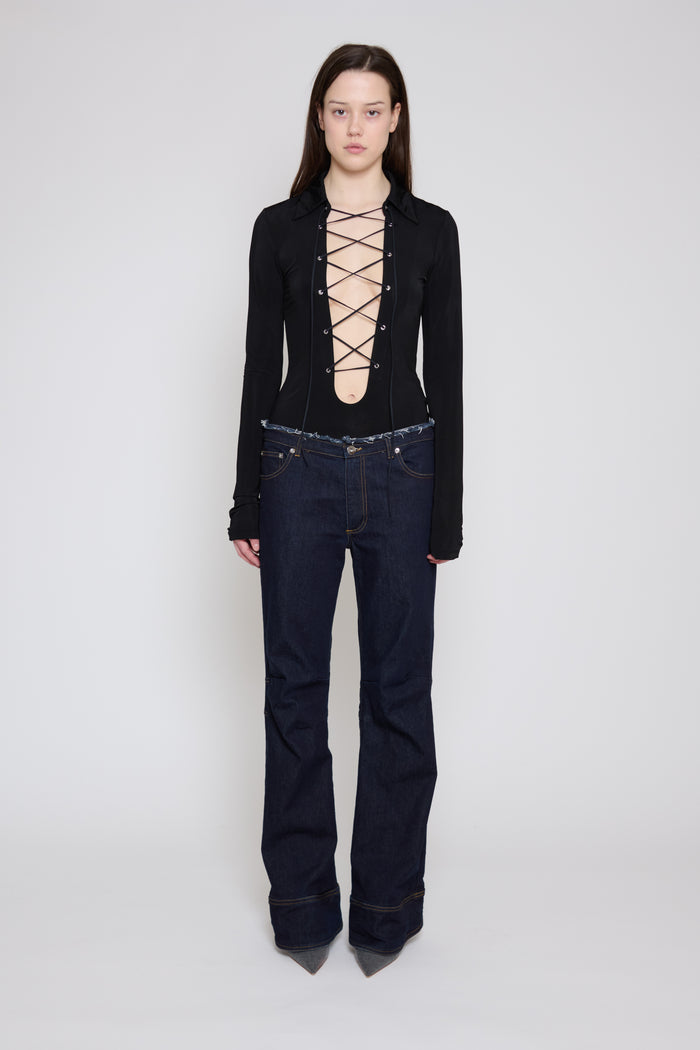 Black Long Sleeve Lace-Up Top
