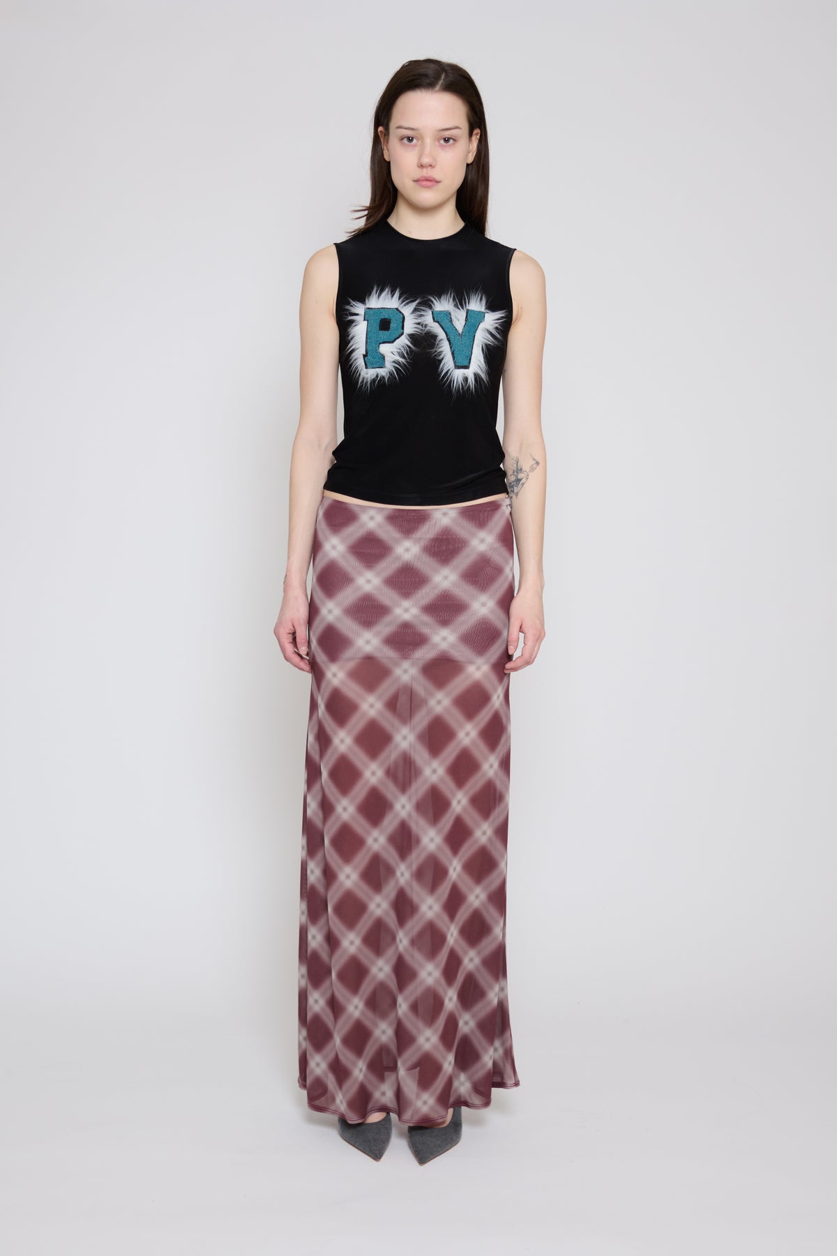Mauve Plaid Paneled Maxi Skirt