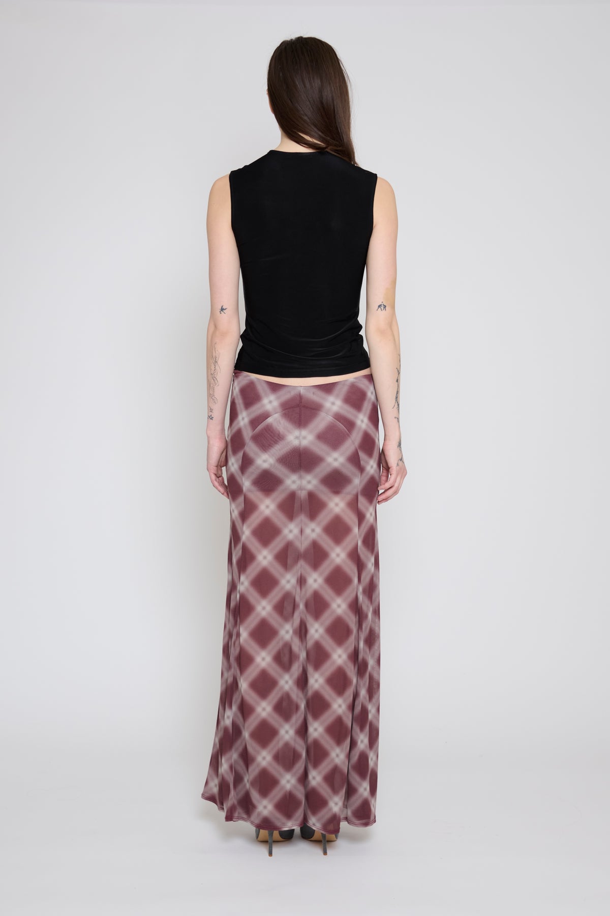 Mauve Plaid Paneled Maxi Skirt