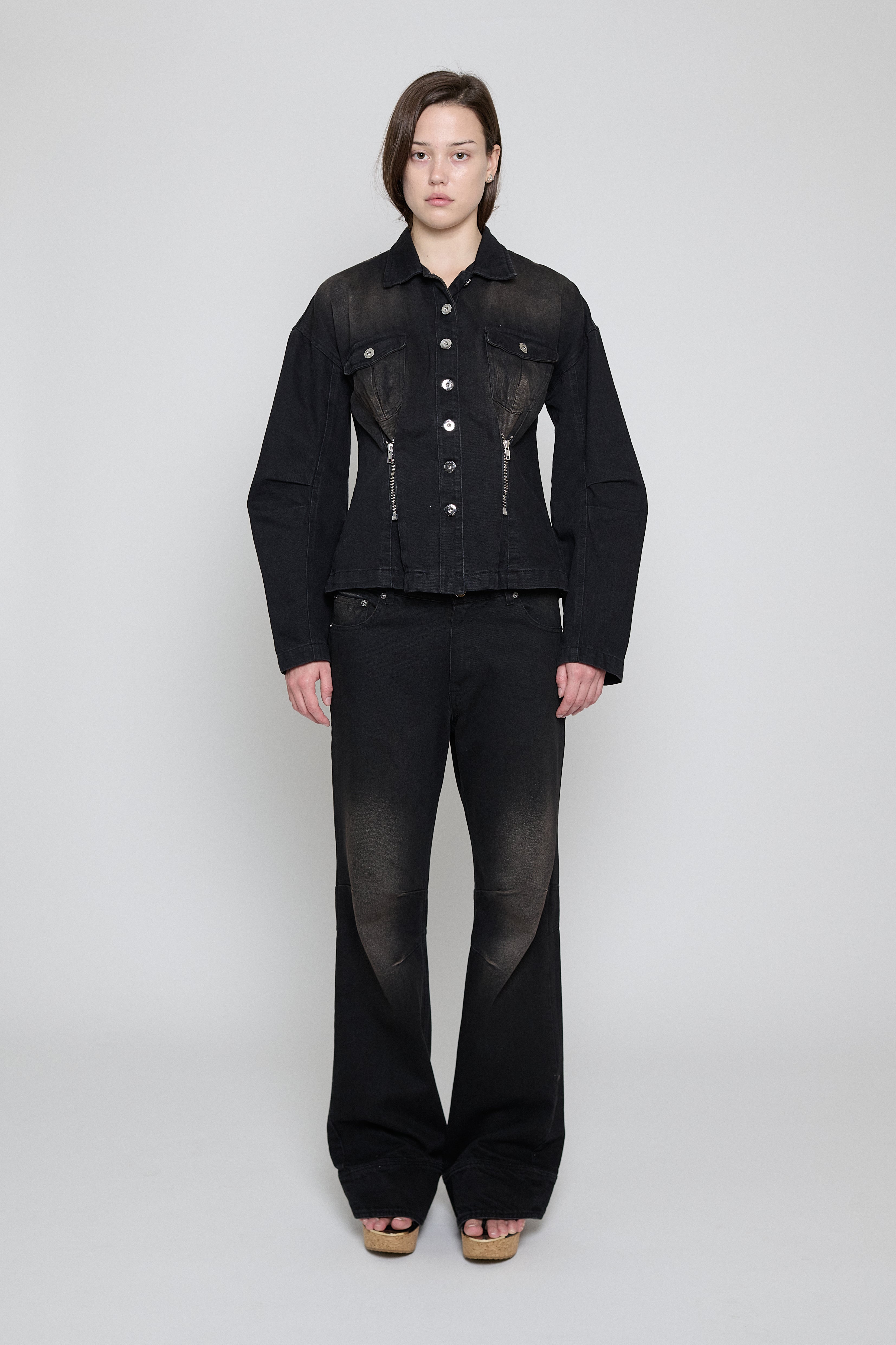 Black/Brown Cinched Waist Denim Jacket – PRISCAVera
