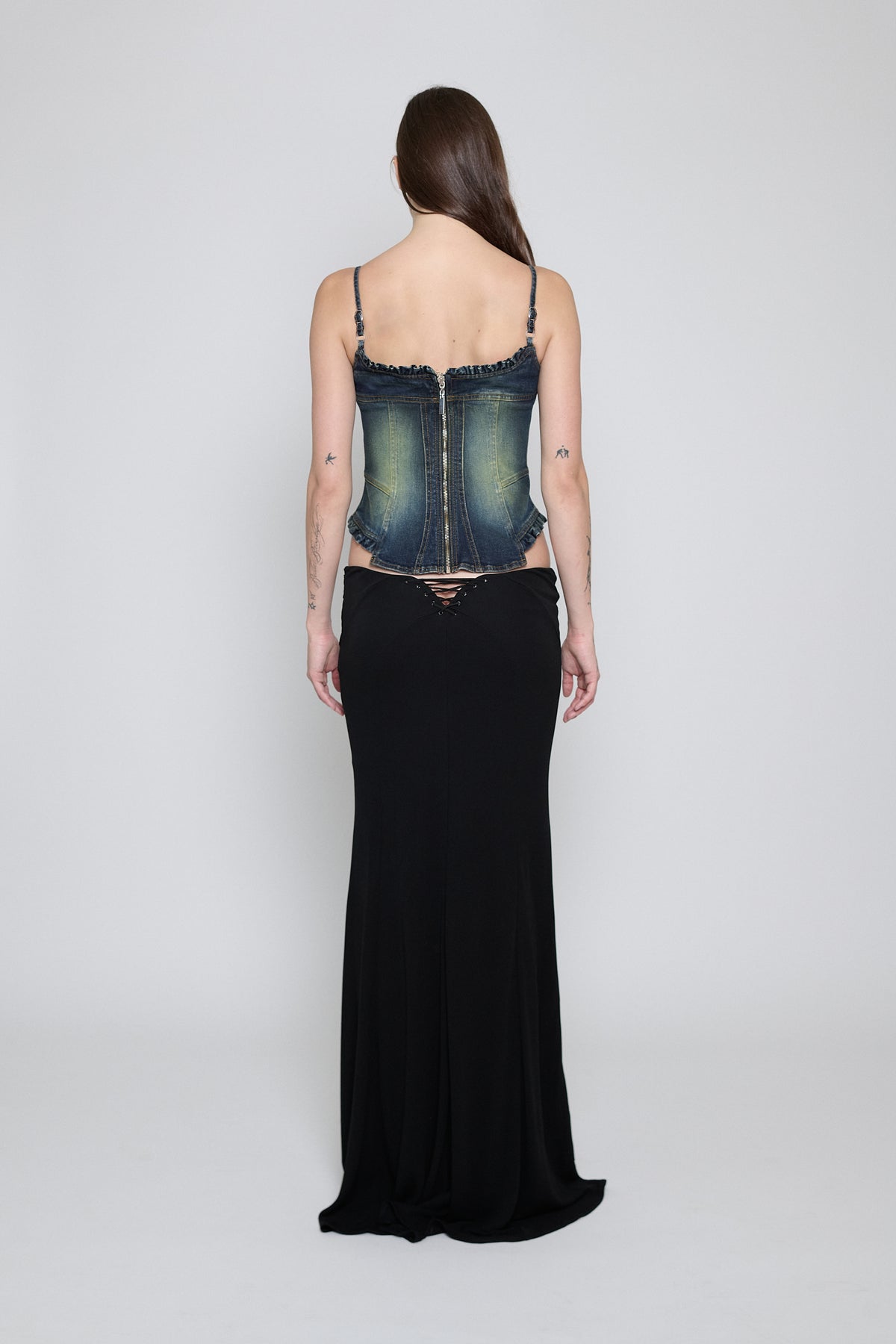 Black Lace-Up Paneled Maxi Skirt