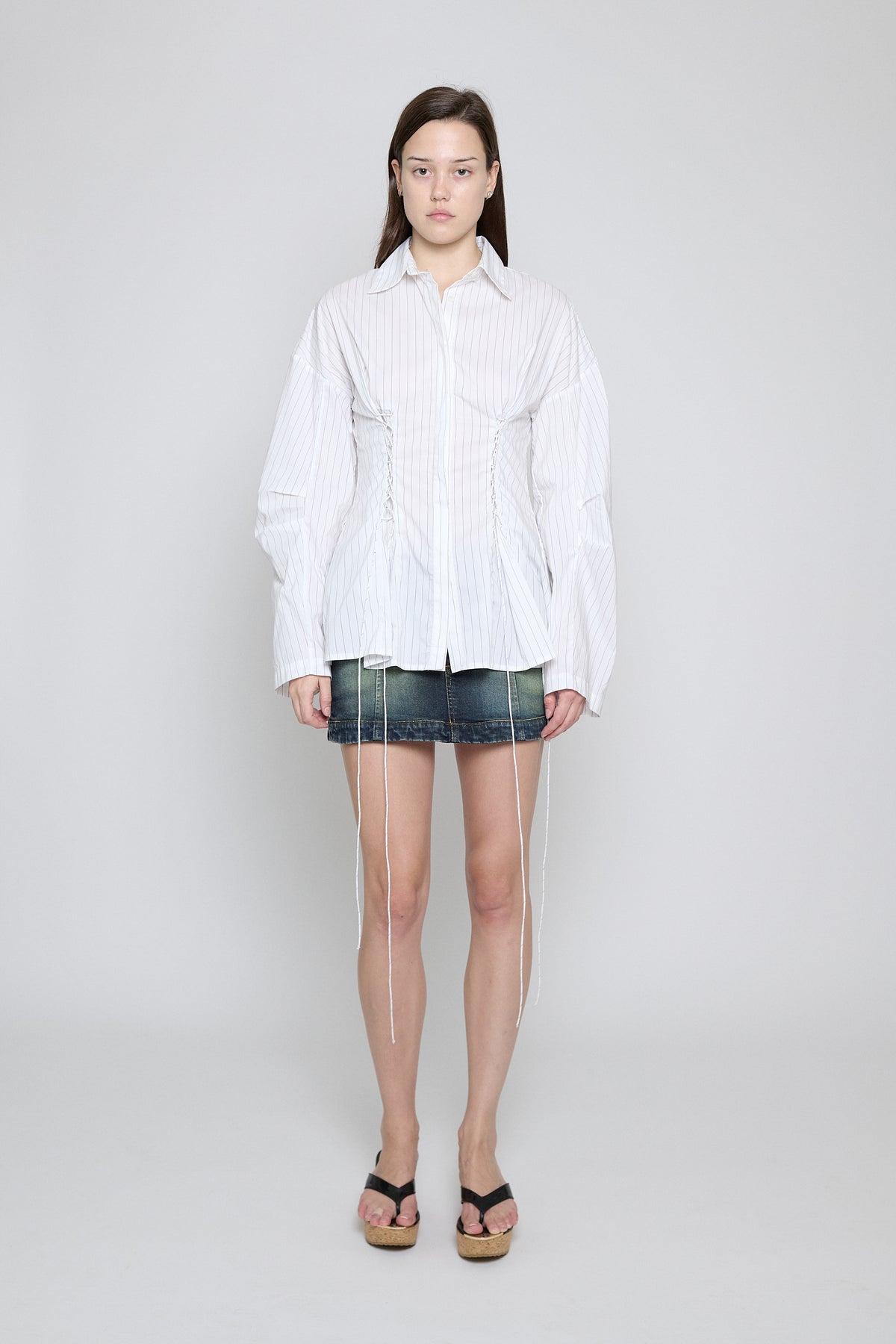 White Pinstripe Laced Button Down - Pre Order