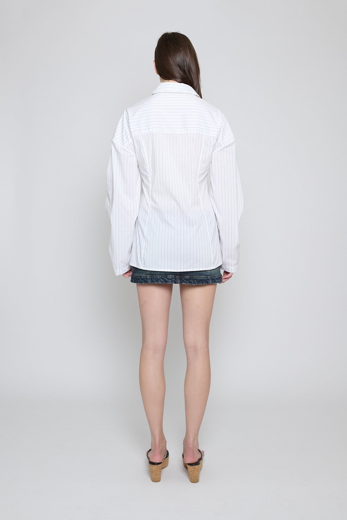 White Pinstripe Laced Button Down - Pre Order