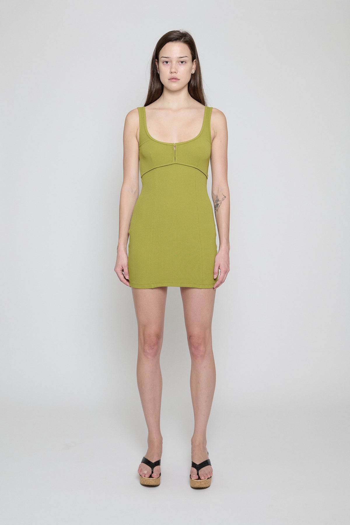 Split Pea Ribbed Square Neck Dress - Pre Order