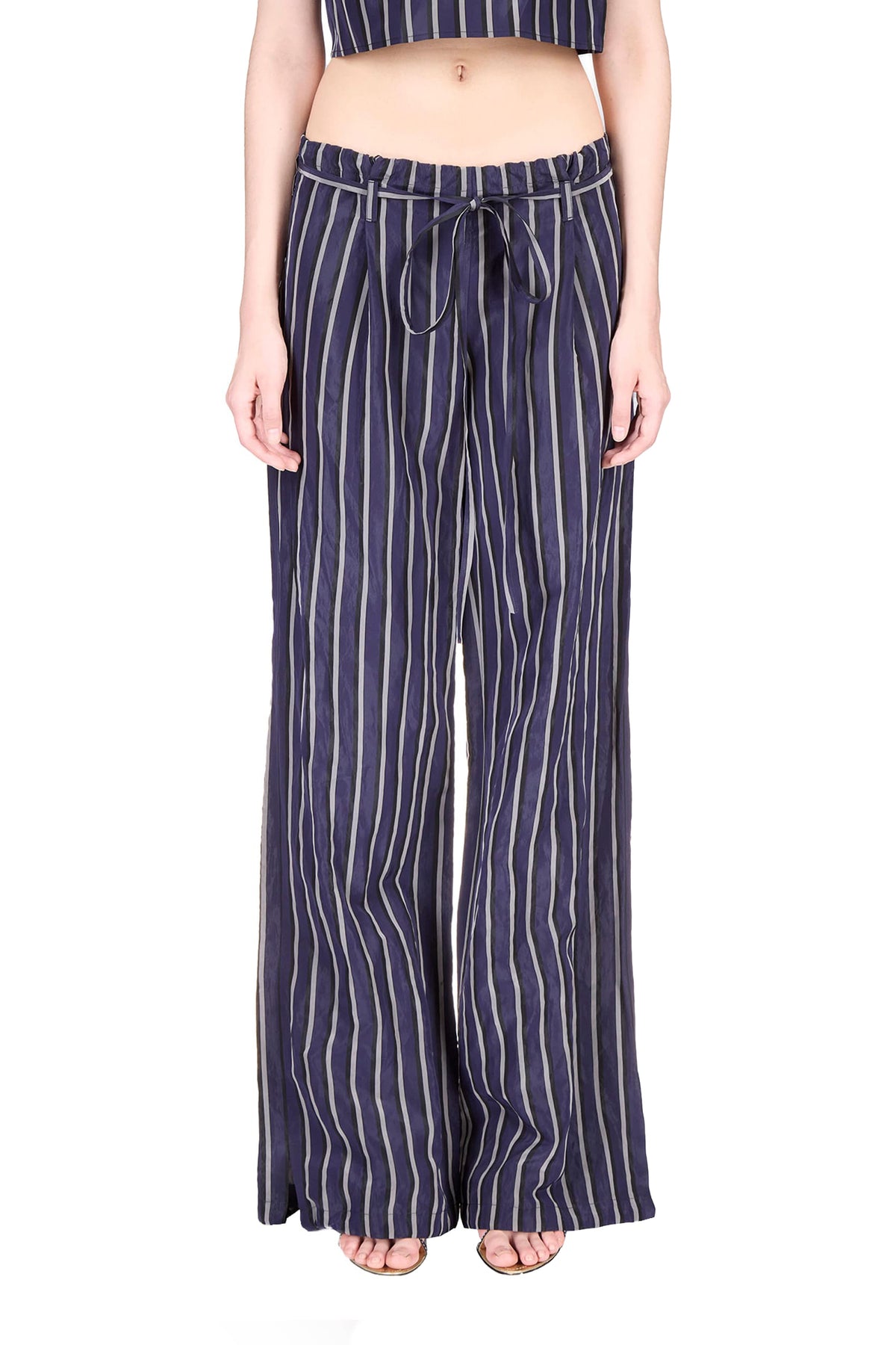 Navy Stripe Wide Leg Drawstring Pants