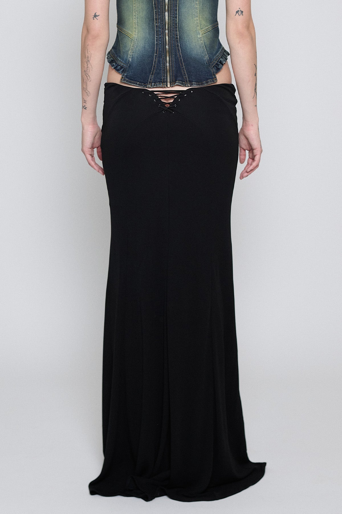 Black Lace-Up Paneled Maxi Skirt