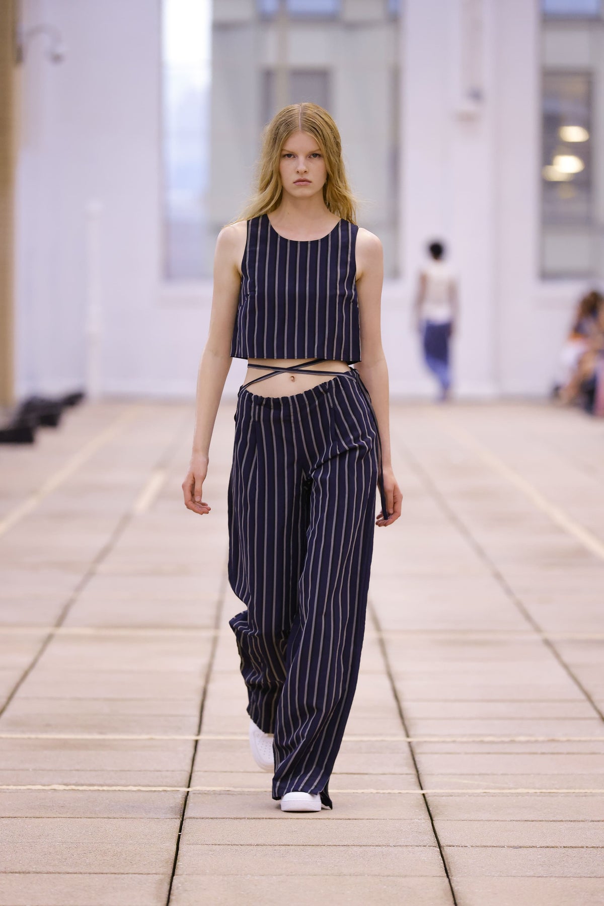 Navy Stripe Wide Leg Drawstring Pants