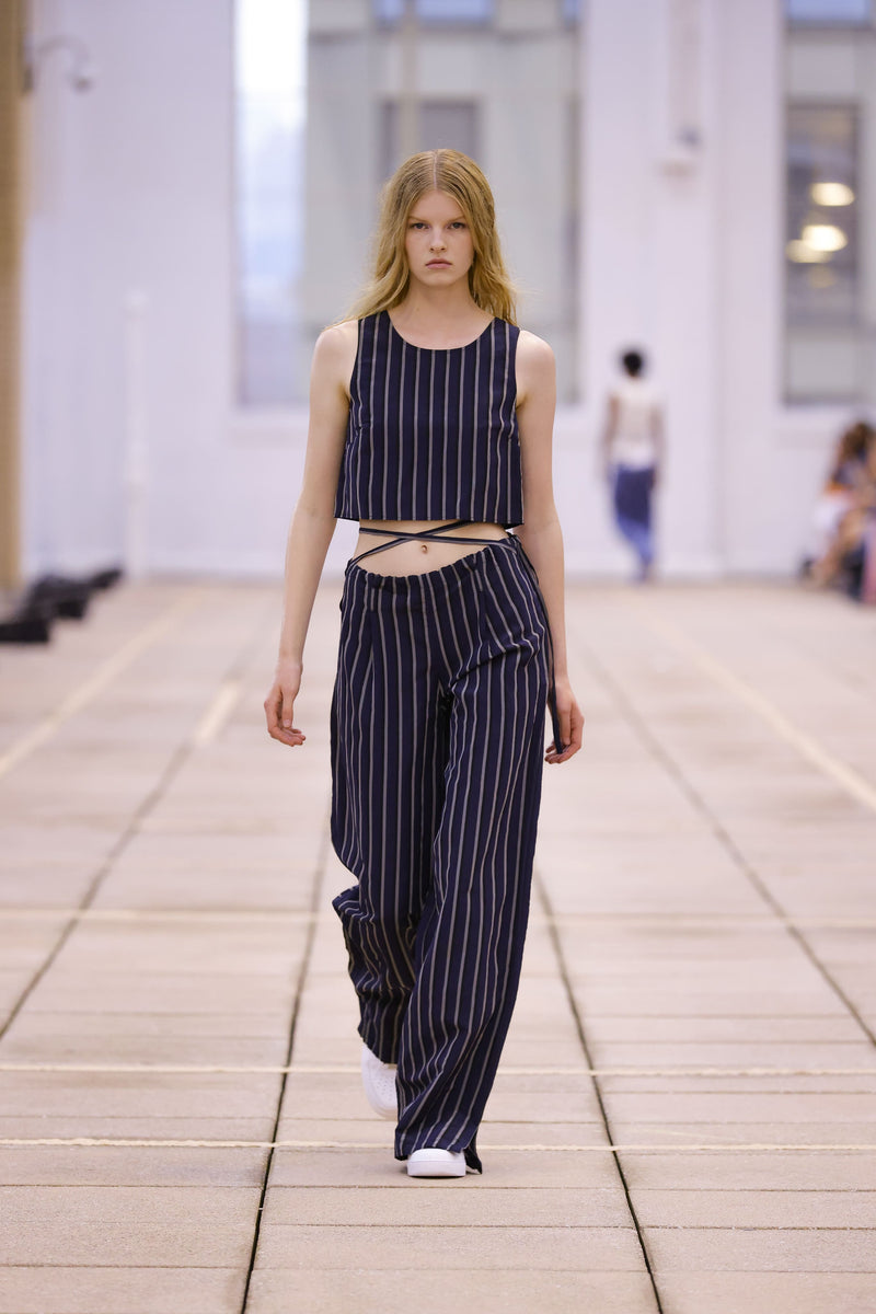 Navy Stripe Wide Leg Drawstring Pants