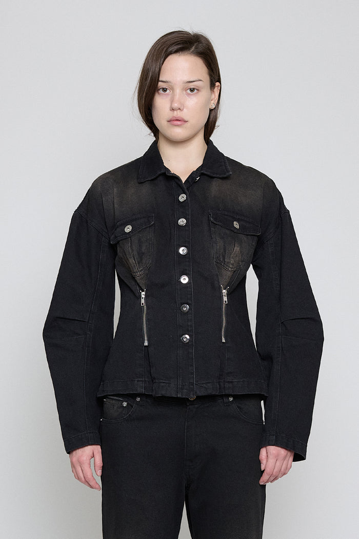 Black/Brown Cinched Waist Denim Jacket