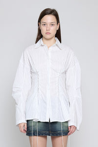 White Pinstripe Laced Button Down - Pre Order