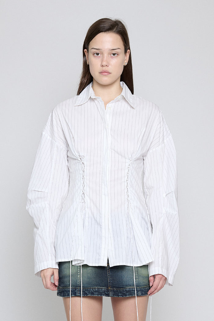White Pinstripe Laced Button Down - Pre Order