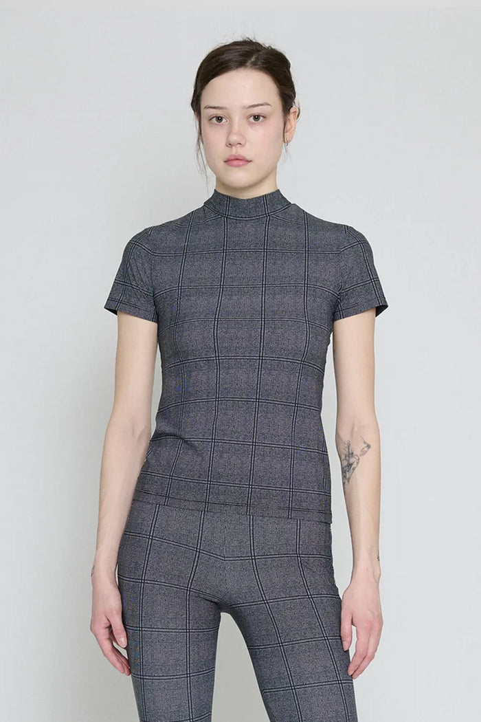 Glen Check Mock Neck Short Sleeve Top
