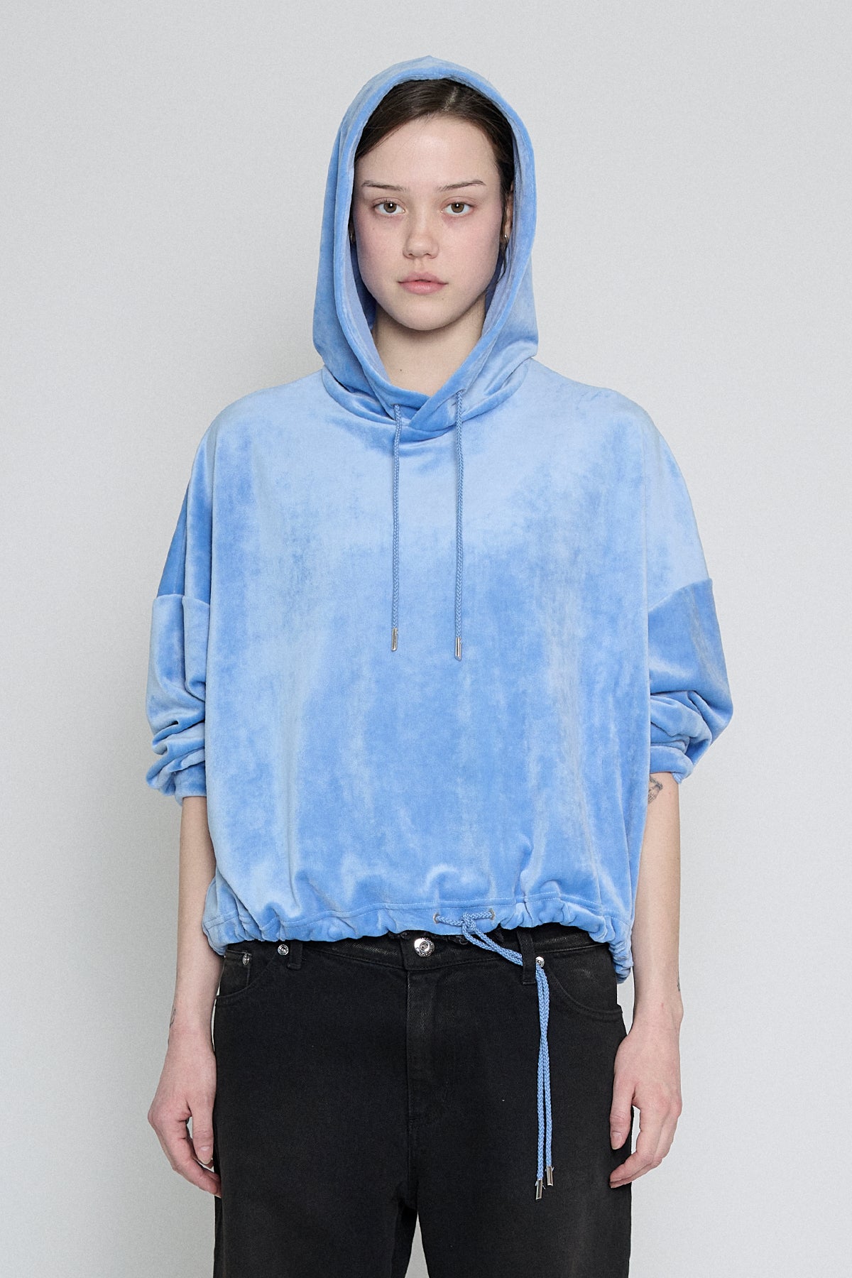 Baby Blue Drawstring Velour Hoodie – PRISCAVera