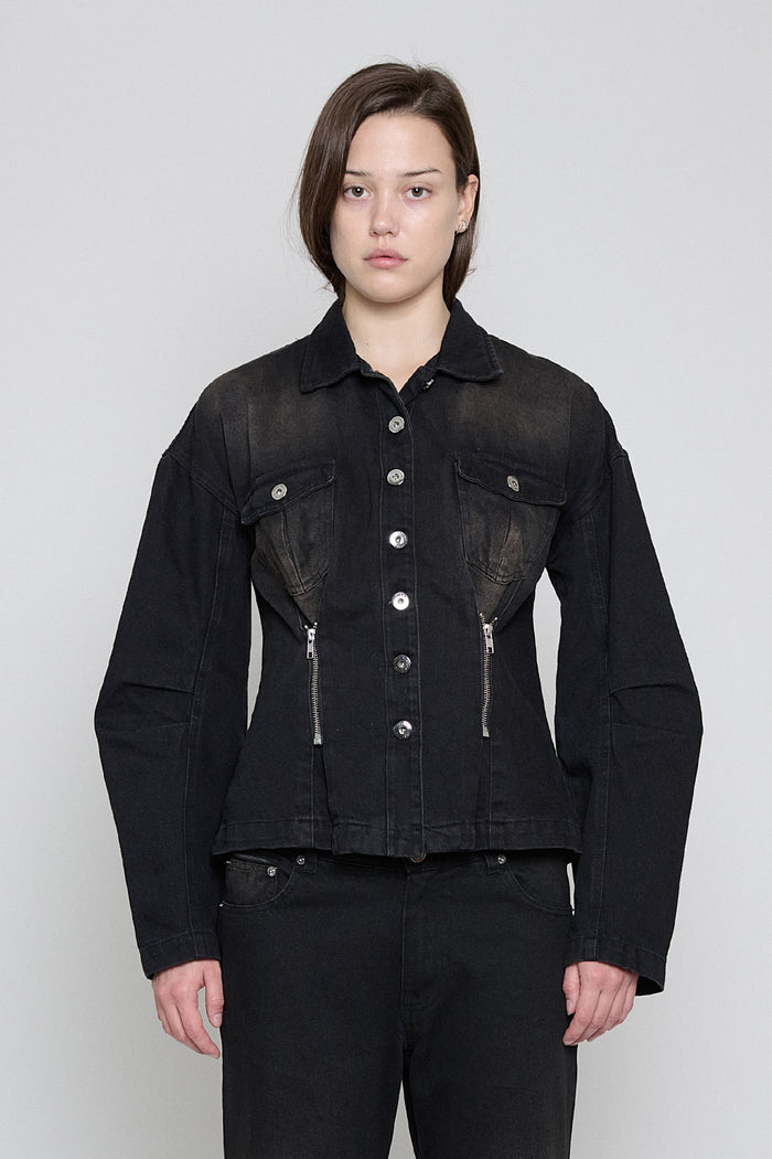 Black/Brown Cinched Waist Denim Jacket